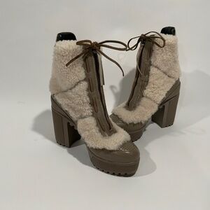 Atelje 71 Asta Taupe Leather Shearling Lug Ankle Boots
